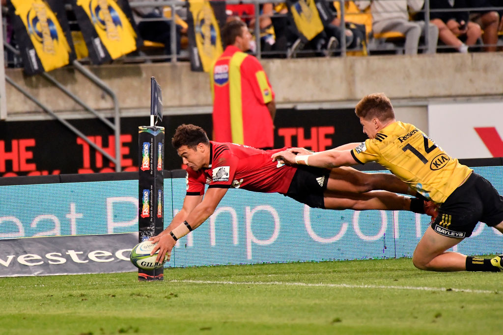  David Havili dives across to score for the Crusaders against the Hurricanes. Photo: Getty