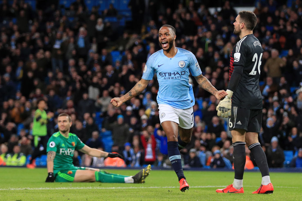 Raheem Sterling celebrates after scoring for Manchester City against Watford. Photo: Getty Images
