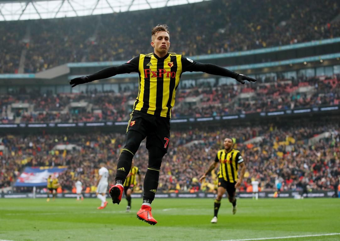 Watford's Gerard Deulofeu celebrates after scoring their third goal against Wolverhampton.  Photo...