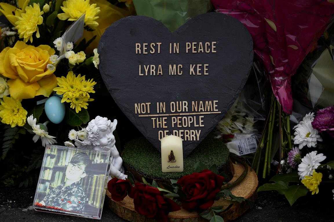 Tributes for Lyra McKee where she was shot dead, in Londonderry, Northern Ireland. Photo: Reuters