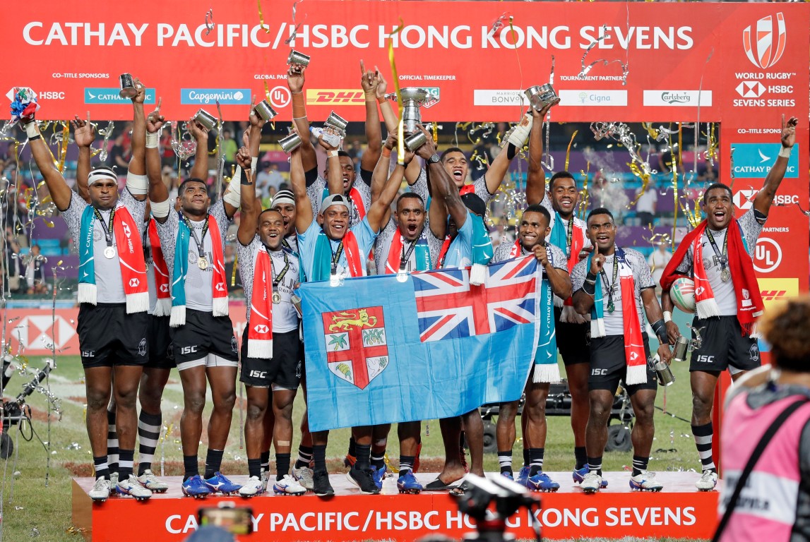 Fiji players celebrate after winning the Hong Kong Sevens tournament. Photo: AP