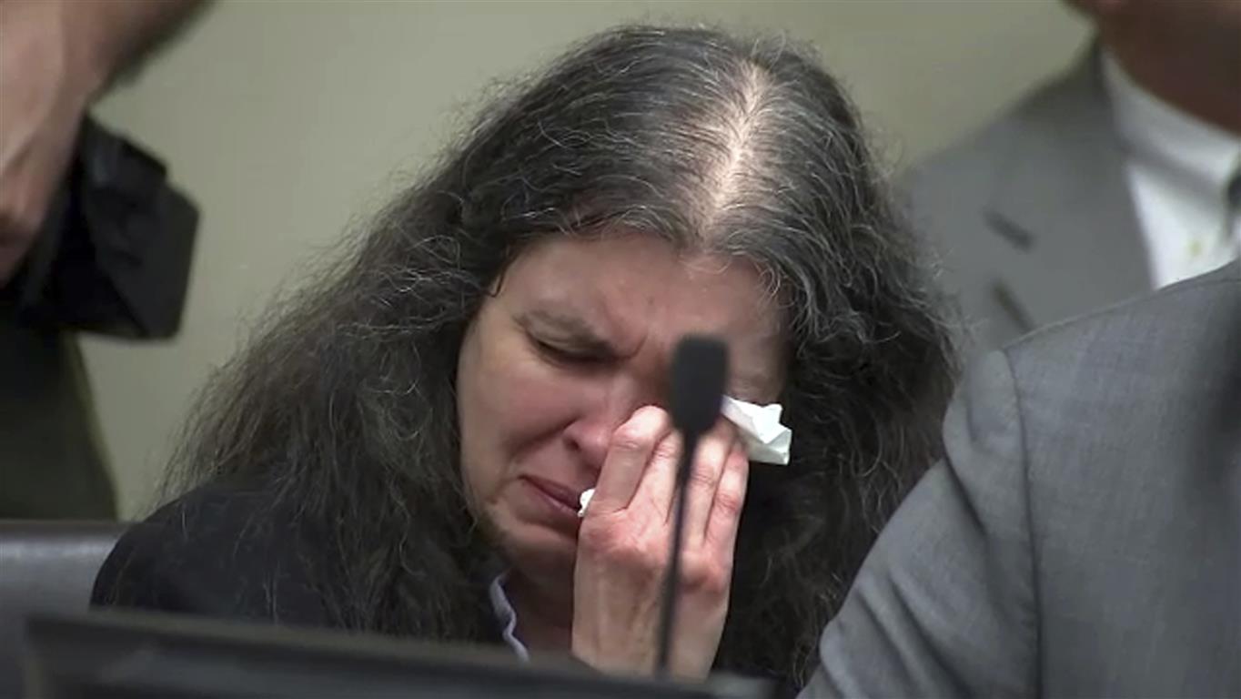 Louise Turpin reacts as one of her children speaks during the sentencing hearing. Photo: AP