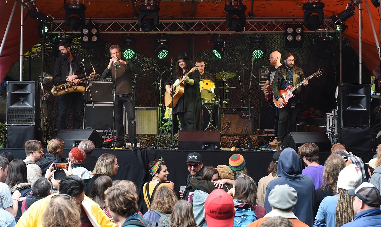 The crowd welcomes Jo Little and the Jared Smith Band on to the stage at Feastock in Dalmore this...