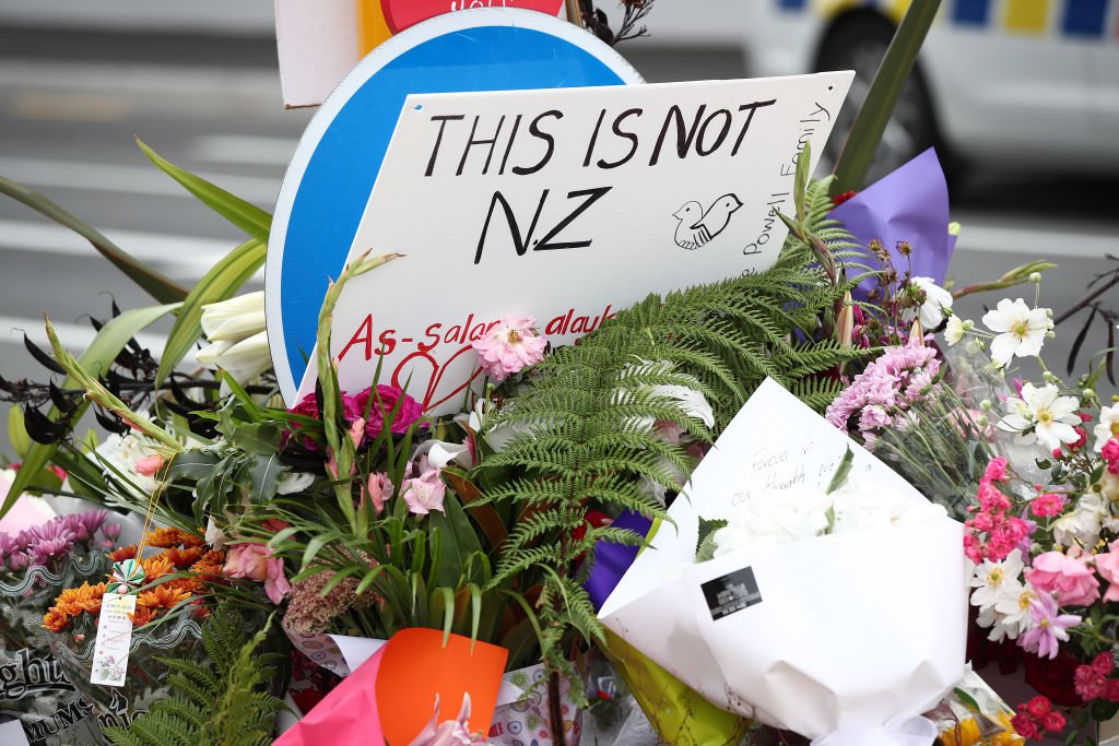 Floral tributes to the shooting victims near the Al Noor mosque in Christchurch. Photo: Getty...