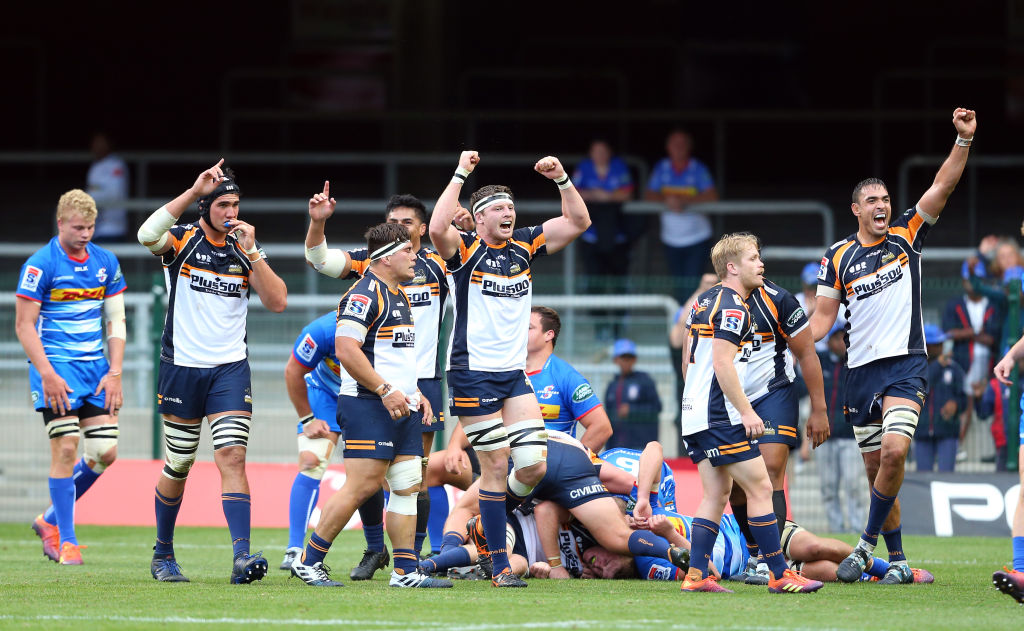 Brumbies players celebrate their victory over the Stormers. Photo: Getty