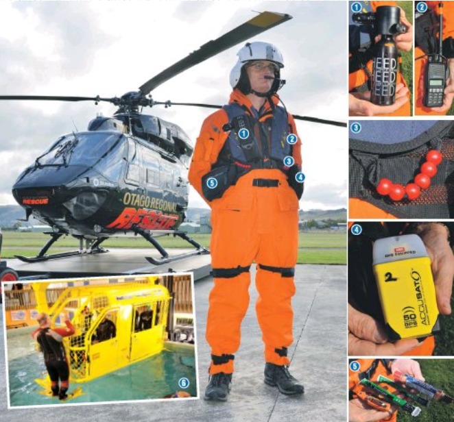 HeliOtago flight paramedic Anthony Hoets wears an immersion suit and equipment similar to that...