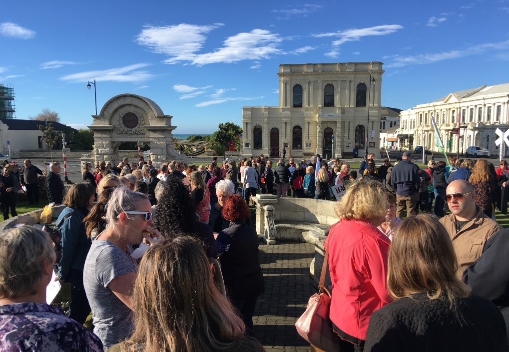 PPTA and NZEI members gather in Oamaru today. Photo: Hamish MacLean
