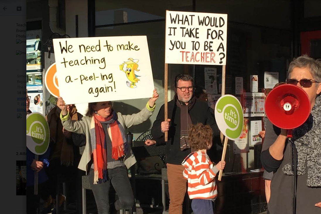 Branch chairwoman of Roxburgh PPTA Wendy Gunn (R) leads strike action in Roxburgh this morning....