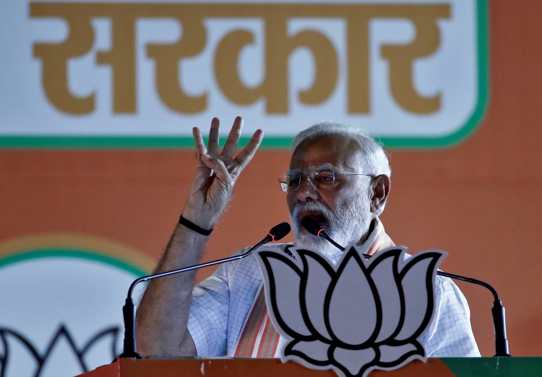 India's Prime Minister Narendra Modi addresses an election campaign rally at Ramlila ground in...