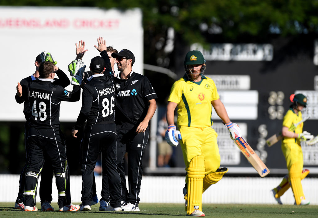 New Zealand players celebrate taking the wicket of Australia's Aaron Finch. Photo: Getty Images