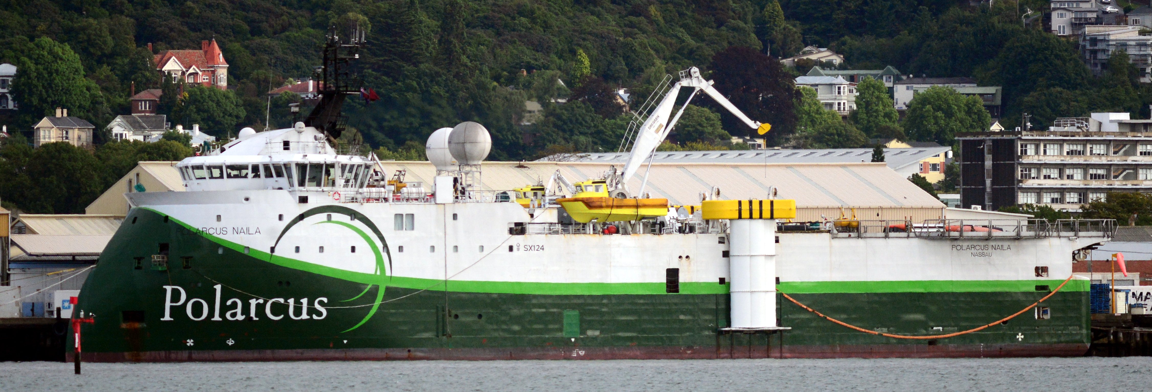 Hydrographic survey vessel Polarcus in Dunedin in 2015, alongside the Fryatt St wharf in the...