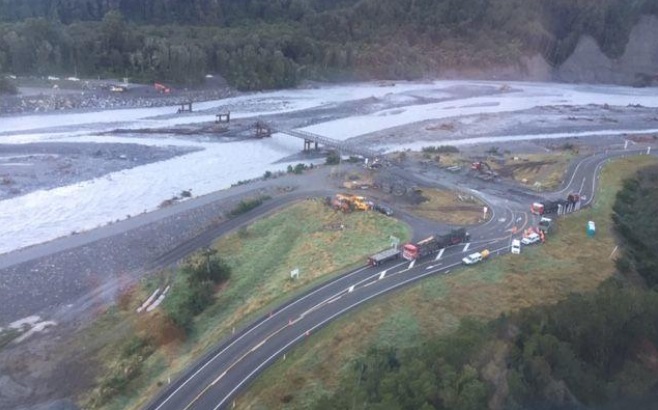 Work being done on the Waiho bridge following the March floods. Photo: Supplied via RNZ