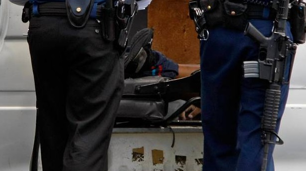 A Bushmaster M4 semi-automatic rifle (right), the weapon an officer accidentally fired in a...