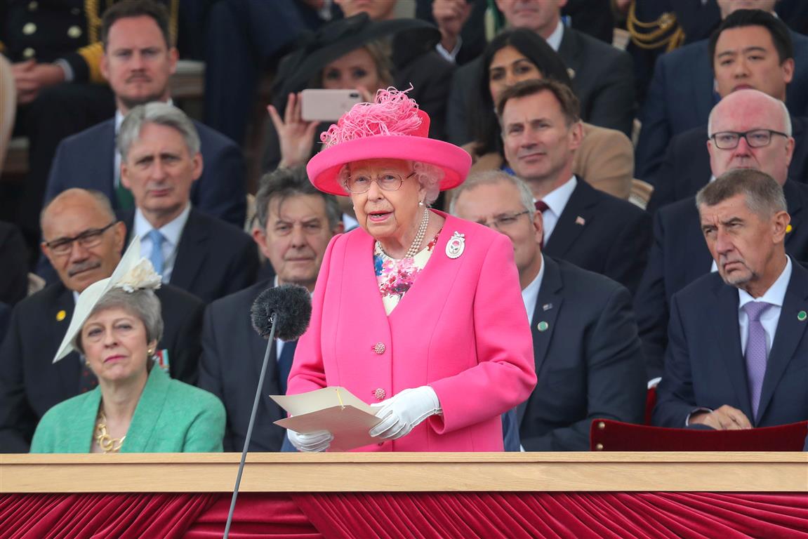 Queen Elizabeth II gives her speech during an event to commemorate the 75th anniversary of D-Day,...