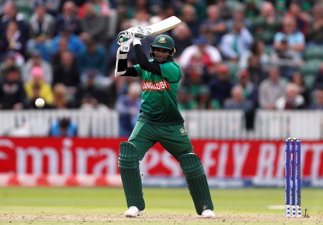 Shakib Al Hasan hits out on his way to a century against the West Indies. Photo: Reuters