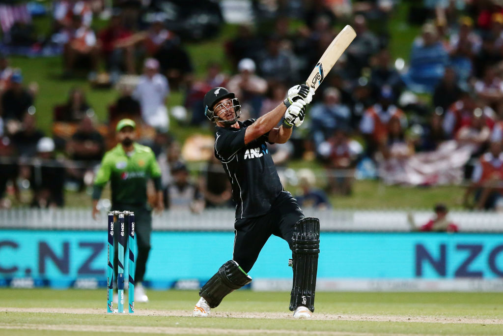 New Zealand's Colin de Grandhomme hits a six on his way to 74 not out against Pakistan at Seddon...