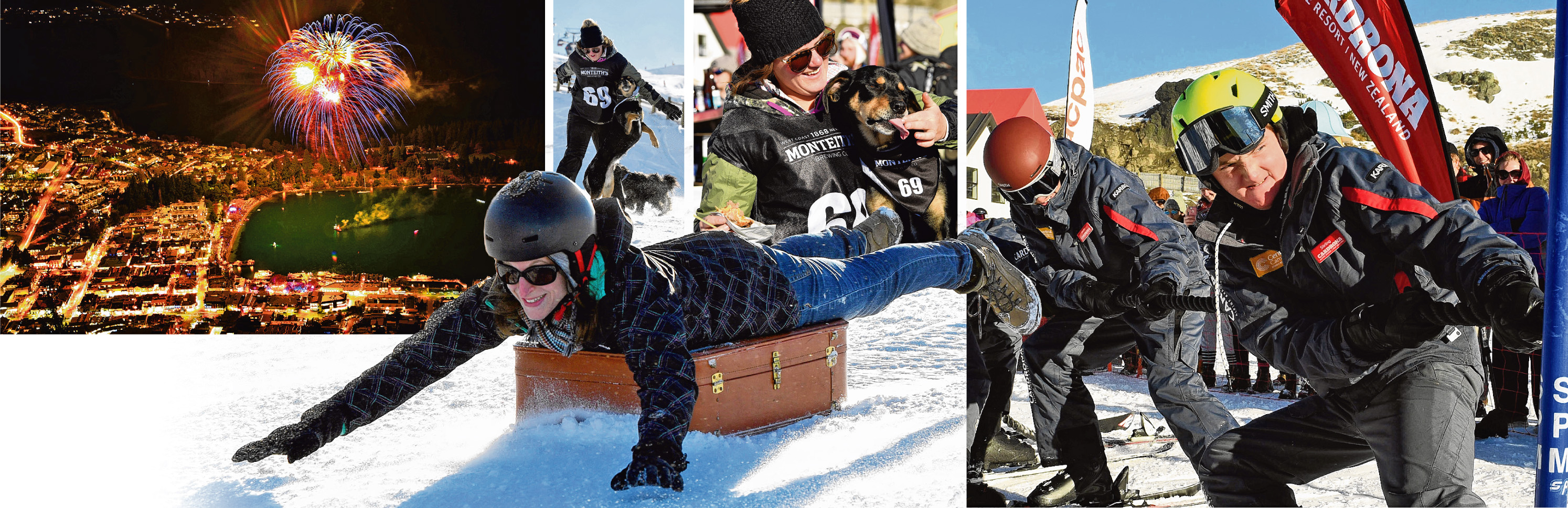 Festival scenes ... (clockwise from above) Queenstown lights up; Serena McGlade and Pip share a...