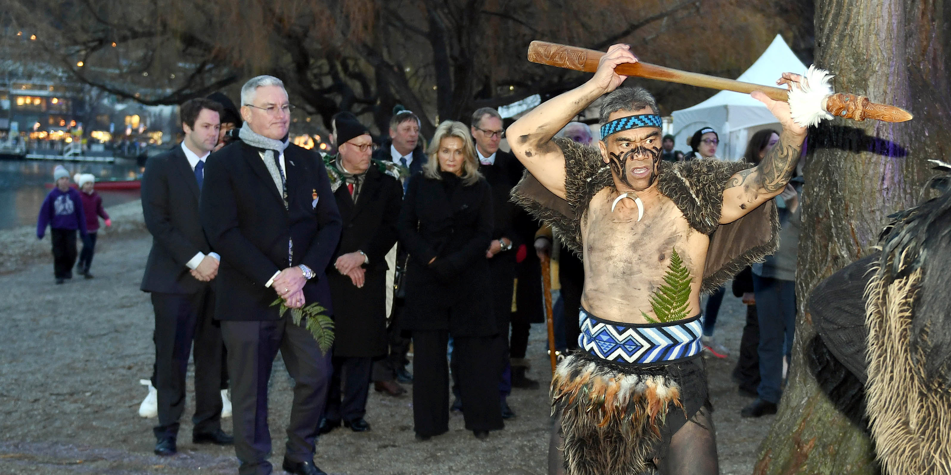 Dressed in war paint and little else, Matua Ned Webster, of Queenstown, leads the official party,...