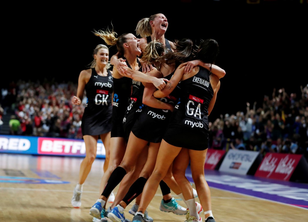 Silver Ferns players celebrate their victory in the World Cup final. Photo: Reuters