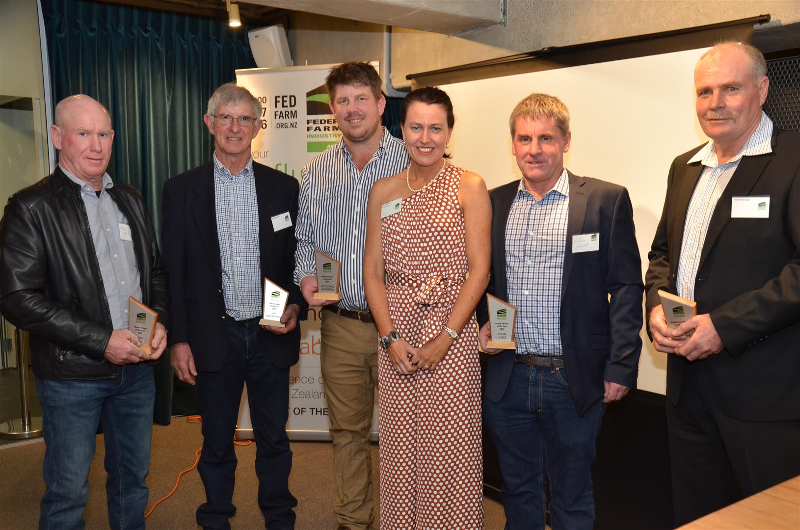 Winners at the Federated Farmers Arable Industry Group 2019 Awards (from left) Peter Kelly, Jim Macartney, Earl Worsfold, Colin Hurst and Richard Kershaw with arable group chairwoman Karen Williams. Photo: Supplied