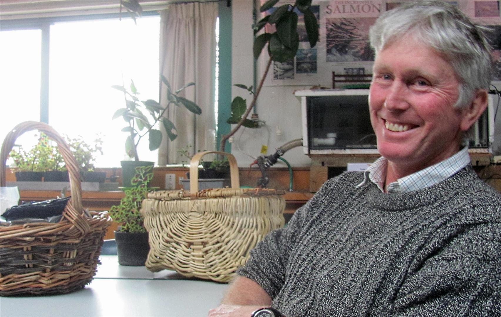 Stephen Millichamp, pictured with one of his woven baskets, still has Colieus plants grown from cuttings inherited from mid-1980s Ashburton College agriculture department head Ian McIvor. Photo: Toni Williams