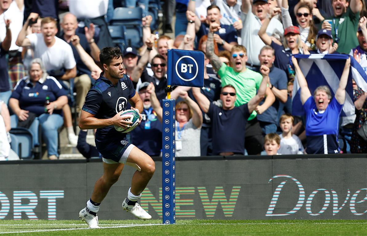 Sean Maitland runs in to score for Scotland. Photo: Reuters