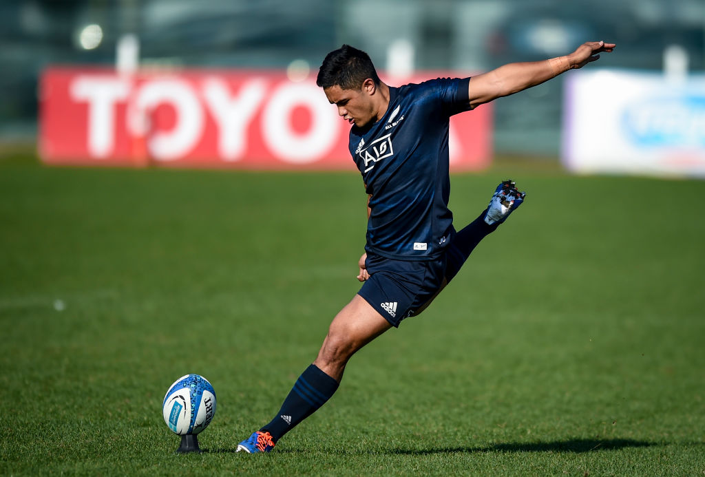 Josh Ioane takes part in the Captain's Run before the All Blacks' match against Argentina in...
