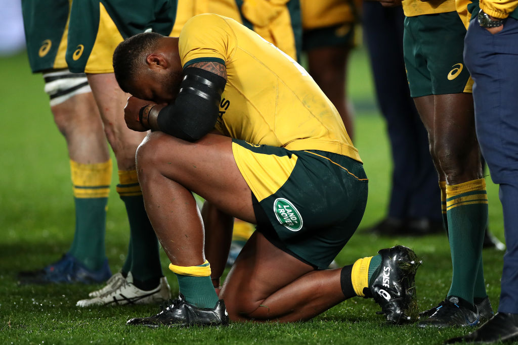 Samu Kerevi reacts after the Wallabies' loss to the All Blacks at the weekend. Photo: Getty Images