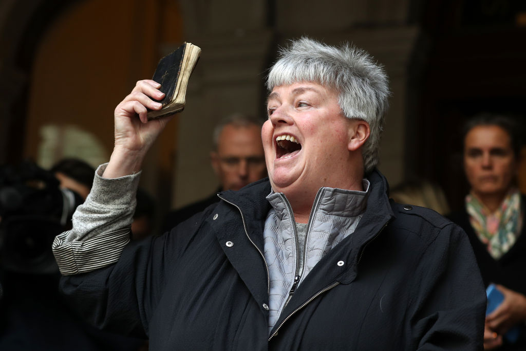 Julie Cameron, an advocate for victims of child sexual abuse, addresses the media at the Supreme...