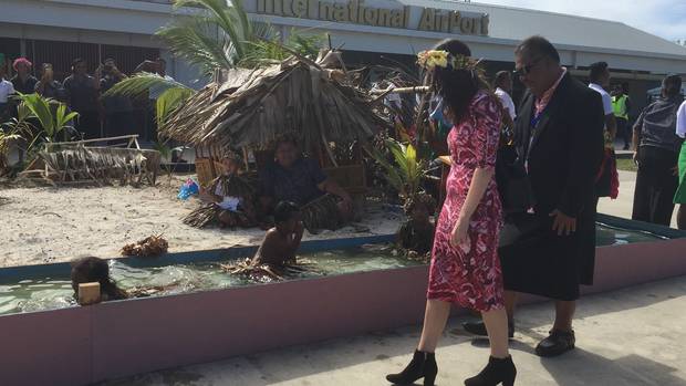 PM Jacinda Ardern talks to children in Tuvalu. Photo: NZ Herald