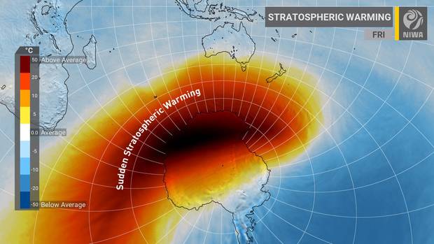 The sudden stratospheric warming event has been dubbed the "Beast from the east." Image: Niwa