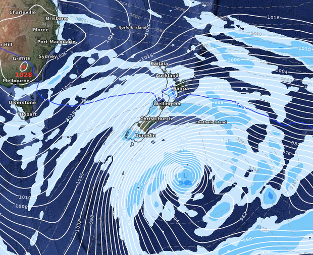 The storm as it's predicted to look when it begins to move away from New Zealand on Tuesday....