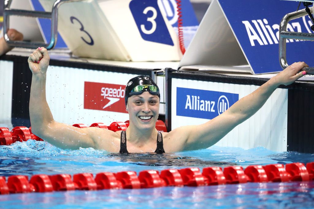 Sophie Pascoe celebrates winning the Women's 100m Butterfly S9 final at the 2019 World Para...