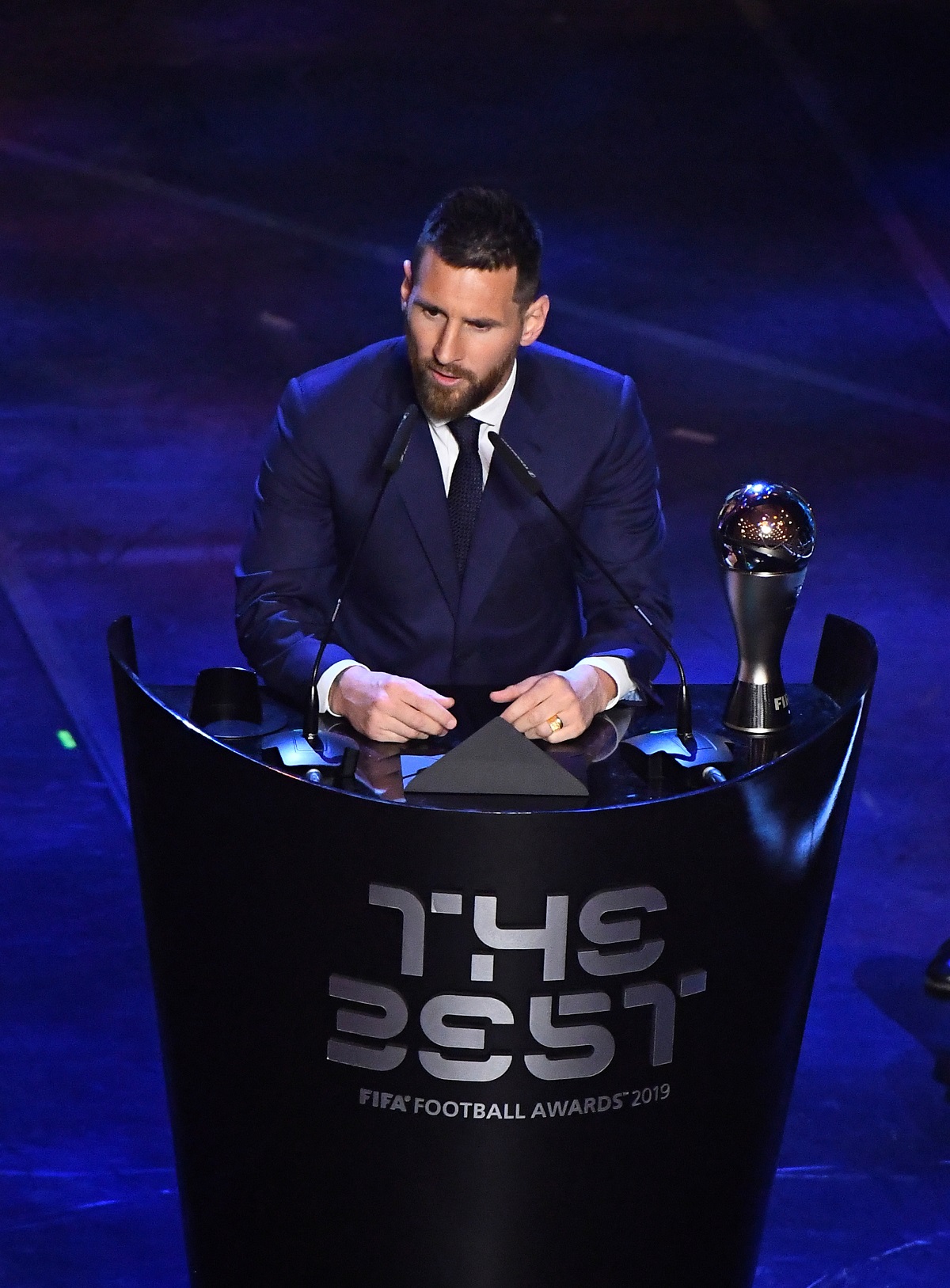 Lionel Messi speaks after winning the Best FIFA Men's player award in Milan. Photo: Reuters