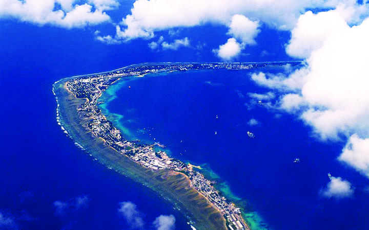 An aerial view of the downtown section of Majuro Atoll, where the first death attributed to the...