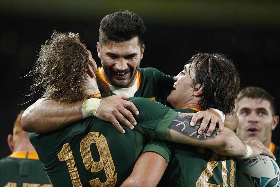 South African players celebrate a try against Italy. Photo: Reuters