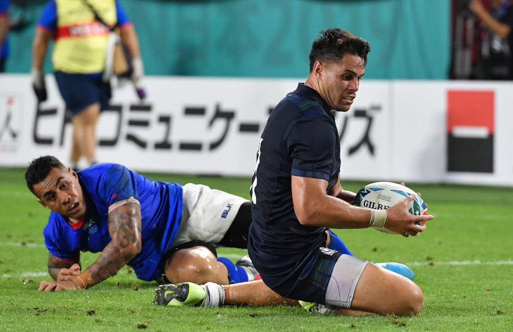 Sean Maitland crosses to score the first try for Scotland against Samoa. Photo: Getty Images