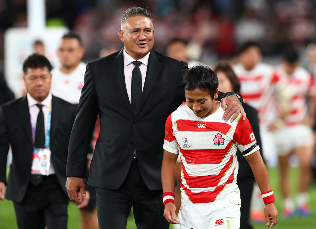 Coach Jamie Joseph with Japan player Yutaka Nagare following their loss to South Africa. Photo:...