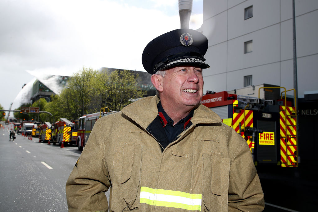 Fire and Emergency's Auckland Regional Manager Ron Devlin speaks to media near the scene of the...