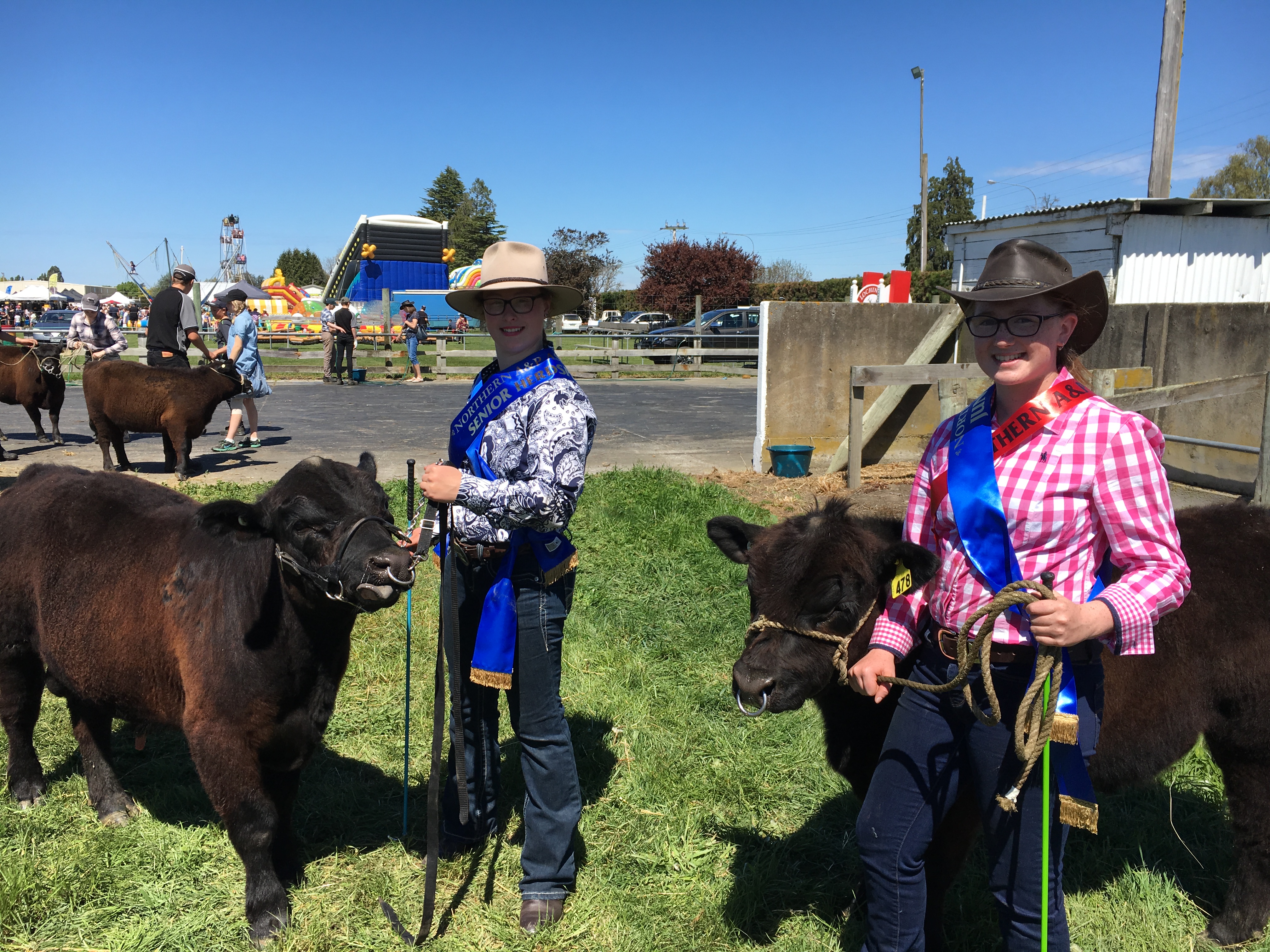 Georgia Rhodes, left, and Hillary Cooper lead some lowland cattle at last year's Rangiora Show....