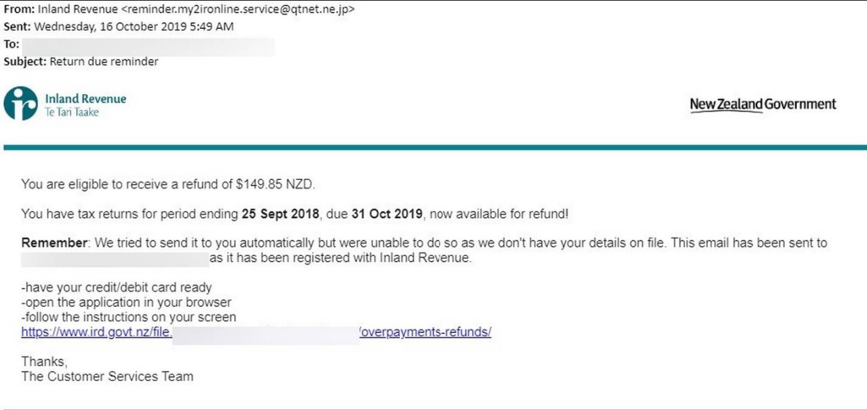 Inland Revenue has received about 550 reports of this scam since September 10. Photo: Supplied...