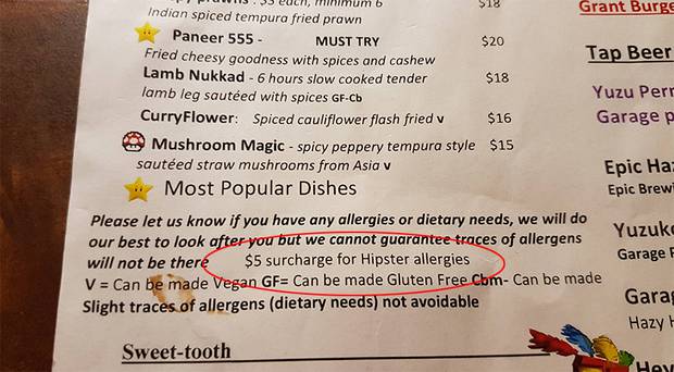 Satya Chai Lounge's menu jokingly shows a $5 surcharge for Hipster allergies. Photo: Reddit