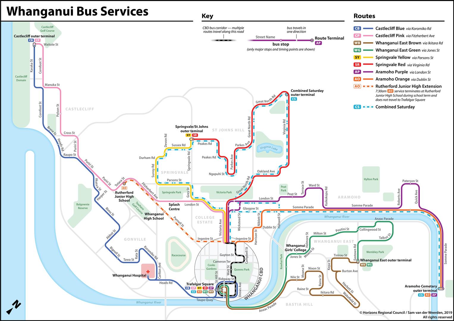 The map Sam van der Weerden developed for the Horizons Regional Council's Whanganui bus service. Graphic: Supplied