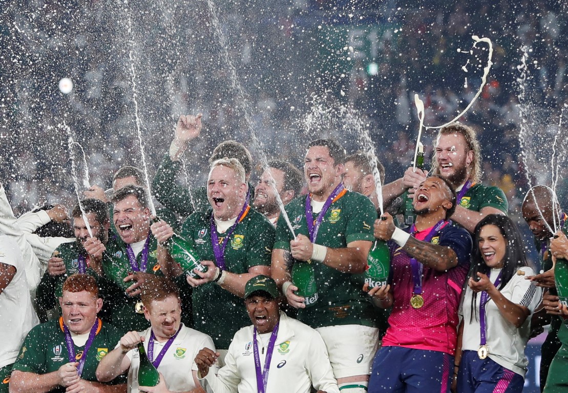 The South African team celebrate their victory in the World Cup final. Photo: Reuters