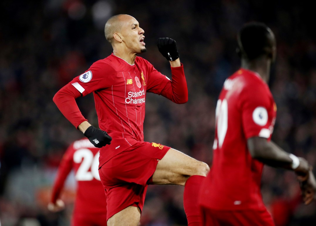 Fabinho celebrates after scoring the first goal for Liverpool. Photo: Reuters