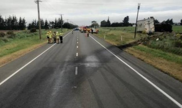 Emergency services at the scene near Rakaia on Sunday. Photo: Bridget Shimmin via NZ Herald