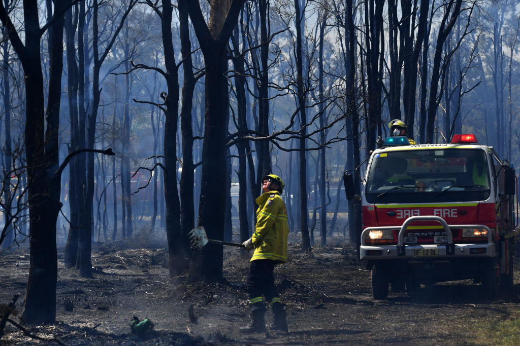 NSW Rural Fire Service firefighters mop up after a bushfire in the Sydney suburb of Llandilo....