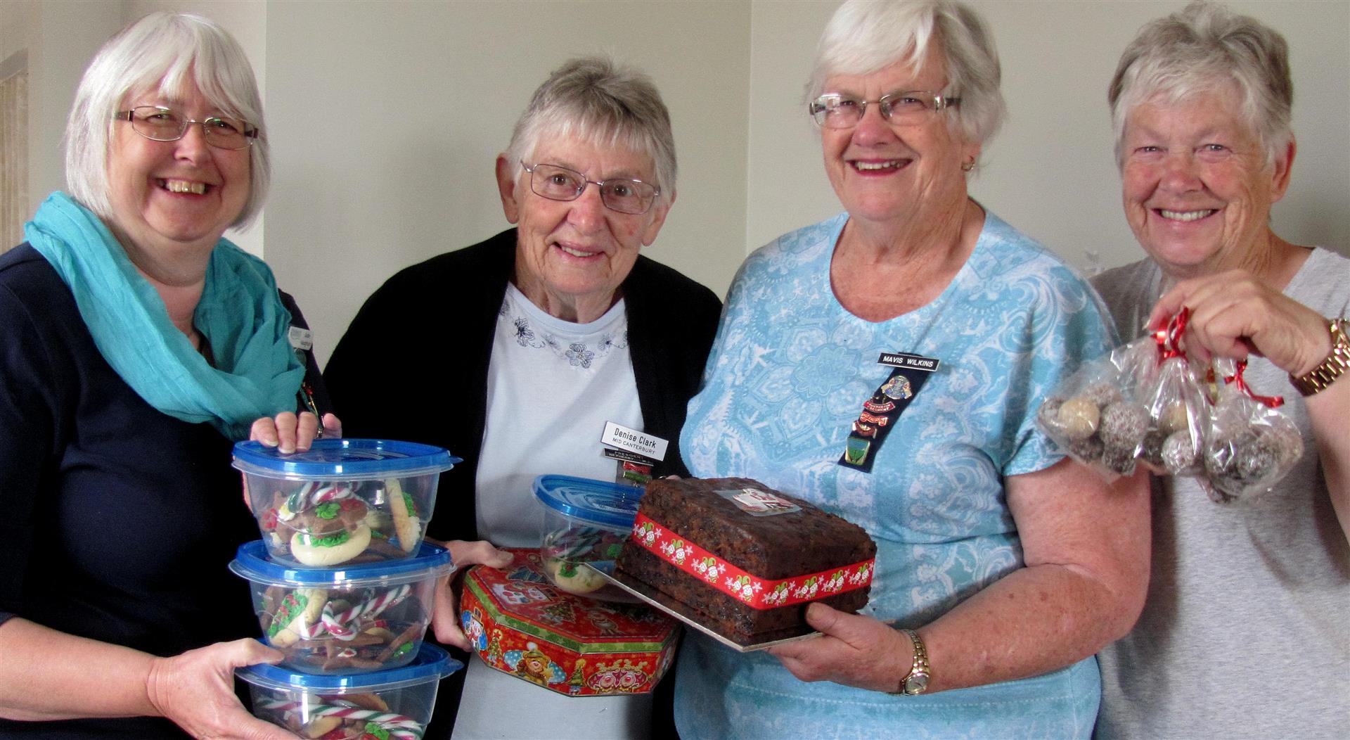 Mid Canterbury Federation of Women’s Institutes members, from left, Jude  Vaughan, Denise Clark, Mavis Wilkins and Jeanette Cuthbertson want to give farming families dealing with M. bovis a bit of Christmas cheer. Photo: Toni Williams