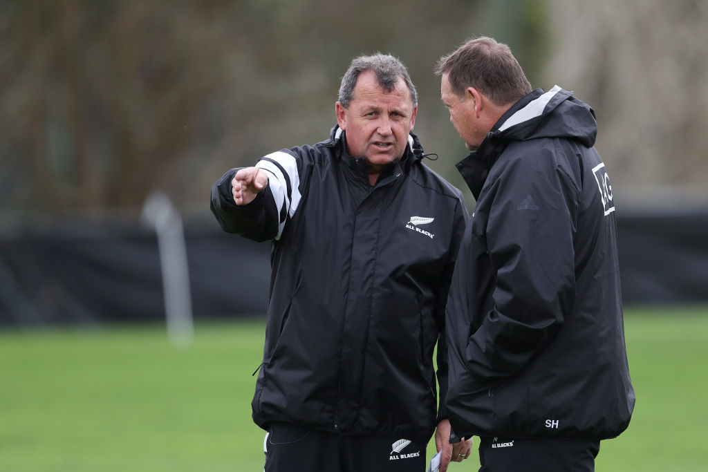 Ian Foster (L) with Steve Hansen at an All Blacks training session in Hamilton in September....