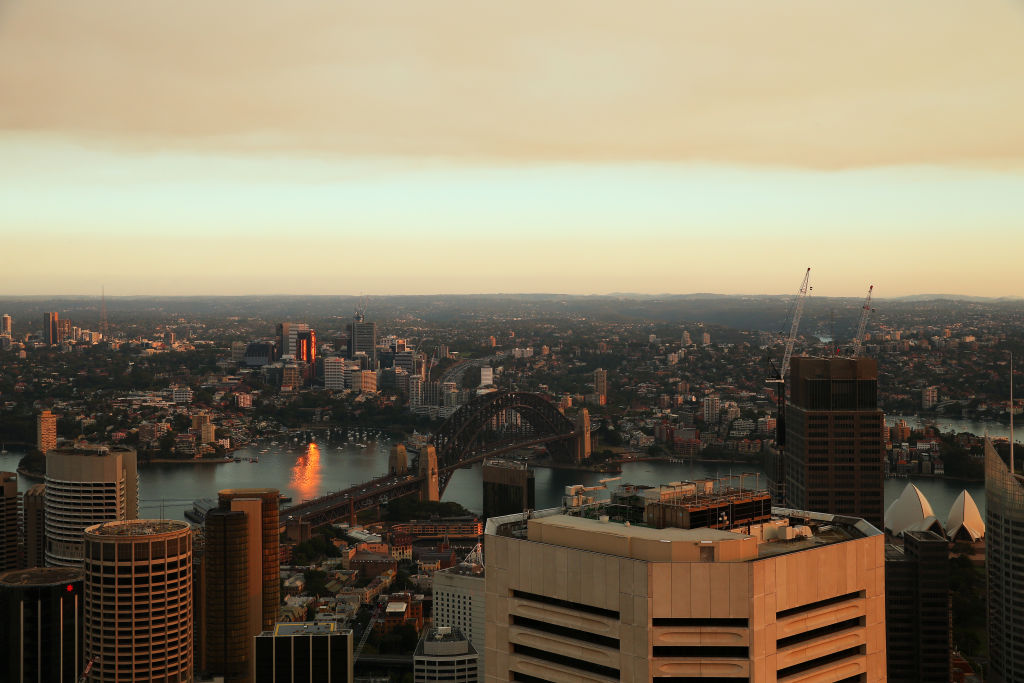 Smoke haze seen from the Sydney Tower Eye observation deck this morning. Photo: Getty